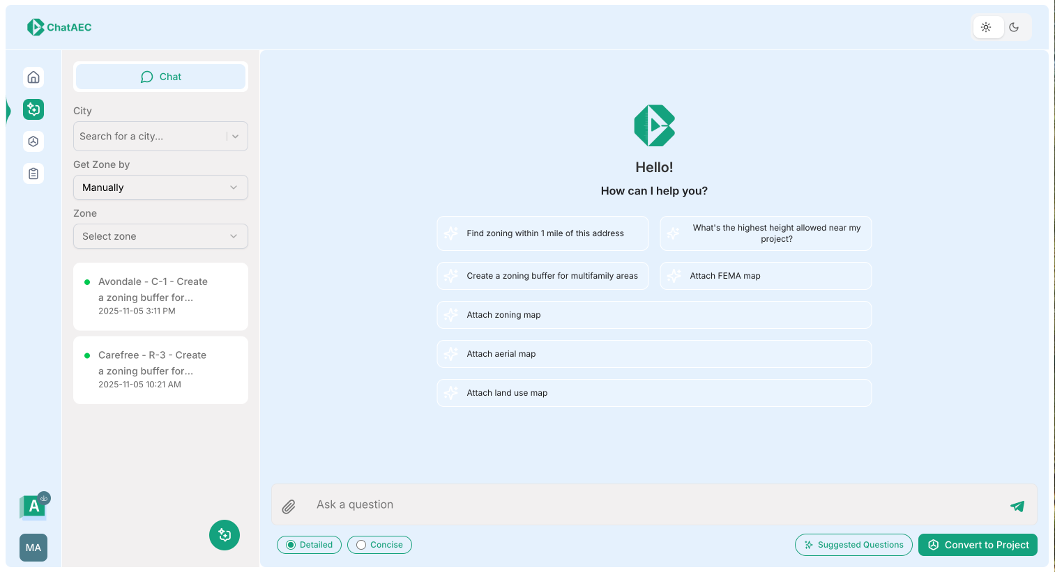 ChatAEC AI AEC chatbot interface for construction engineers showing zoning code analysis